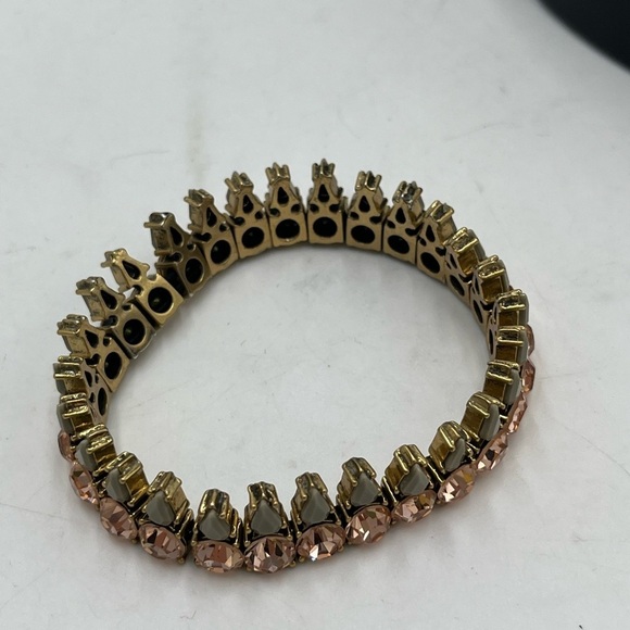 J. Crew Round Pink Crystal Tan Pear Shaped Elastic Gold Tone Stretch Bracelet - Picture 5 of 8